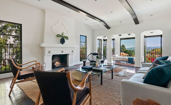 Los Feliz Hills Spanish Villa living room with tree top views