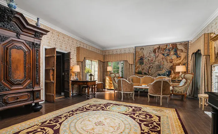 Grand living room of the Historic Beverly Hills French Revival Estate by architect Nicholas A. Kabush