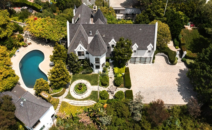 Overhead view of the Historic Wolf's Lair with guest house designed by John Lautner.