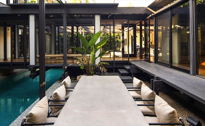 Pool view of the Robert Thorgusen Residence, an iconic Laurel Canyon Mid Century Modern home