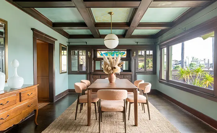 Craftsman home in Los Angeles showcasing boxed beams and cofferred ceiling detail