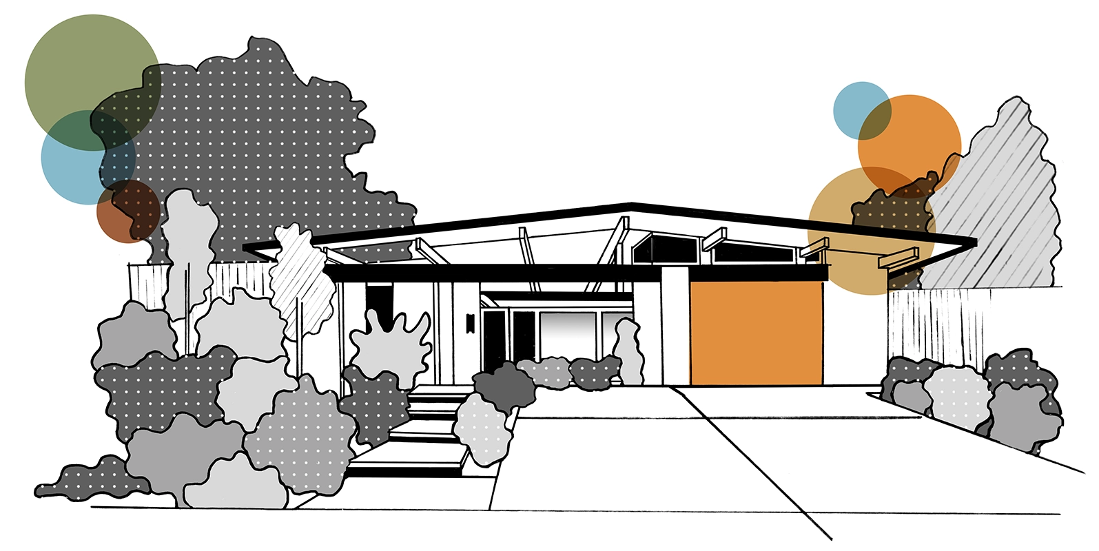 A. Quincy Jones mid-century modern home for developer Eichler drawing.
