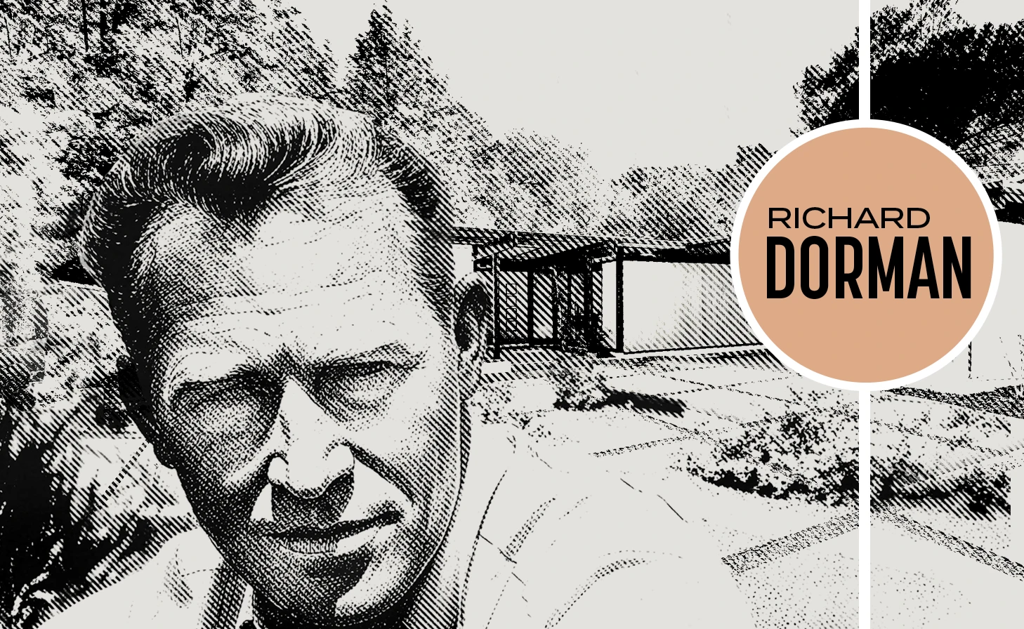 Architect Richard Dorman in front of a mid-century modern post and beam house