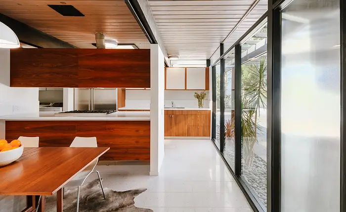 An aesthetically appealing post and beam, mid-century modern kitchen designed by architect Richard Dorman