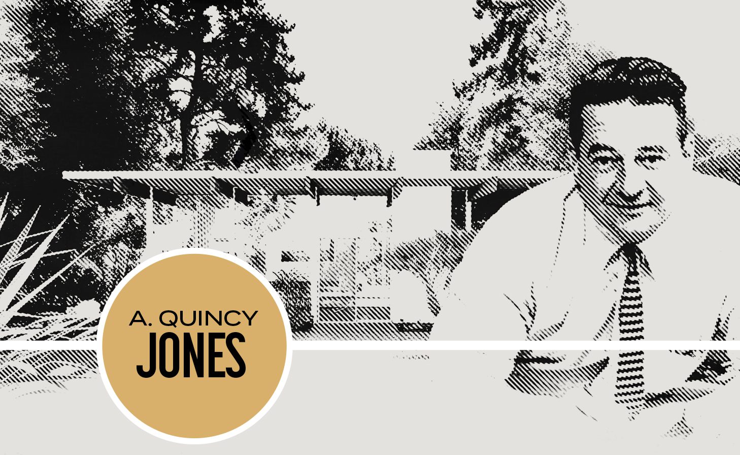 A. Quincy Jones in front of the mid-century modern homes he designed in southern California