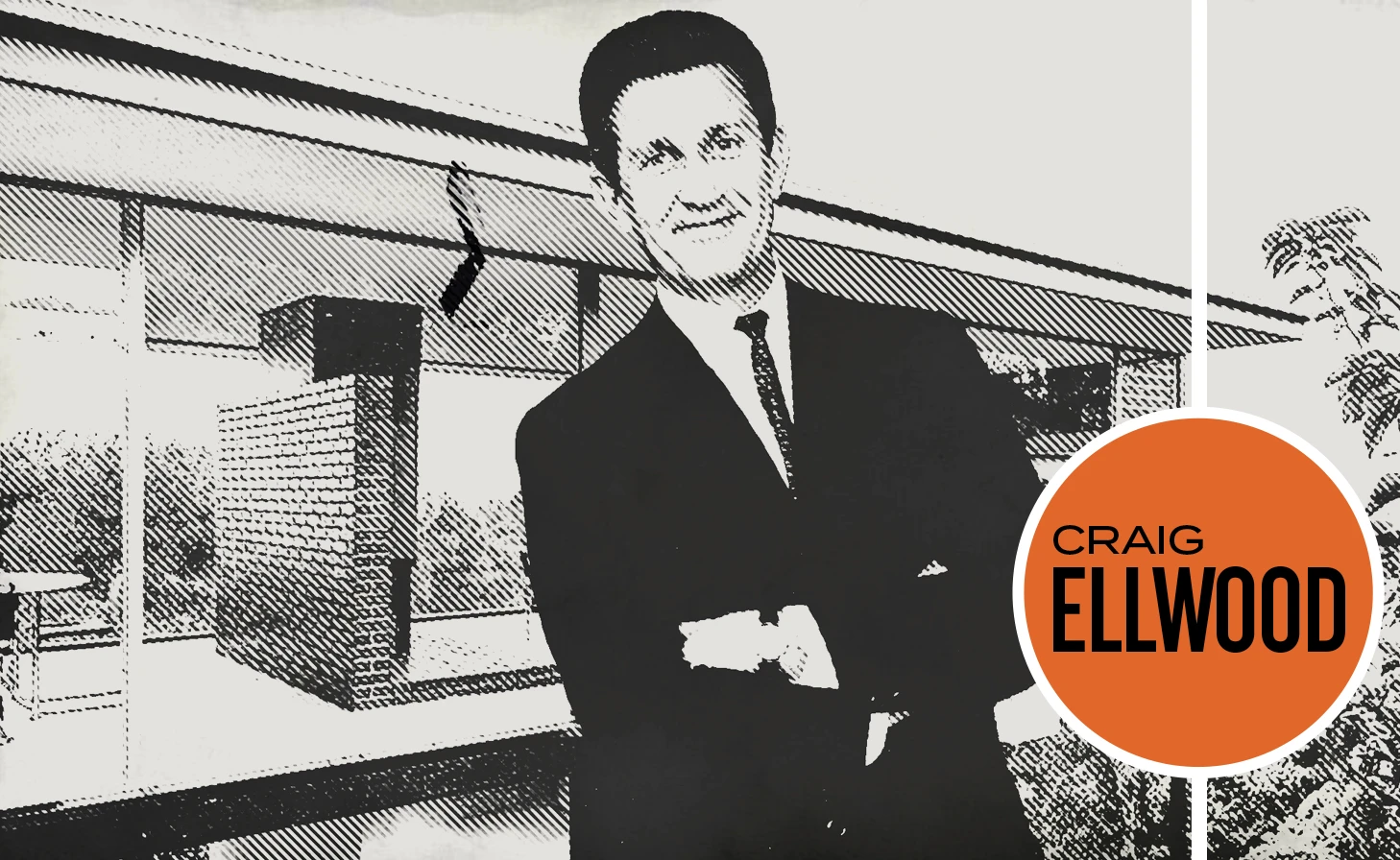 Architect Craig Ellwood in front of a mid-century house in Brentwood