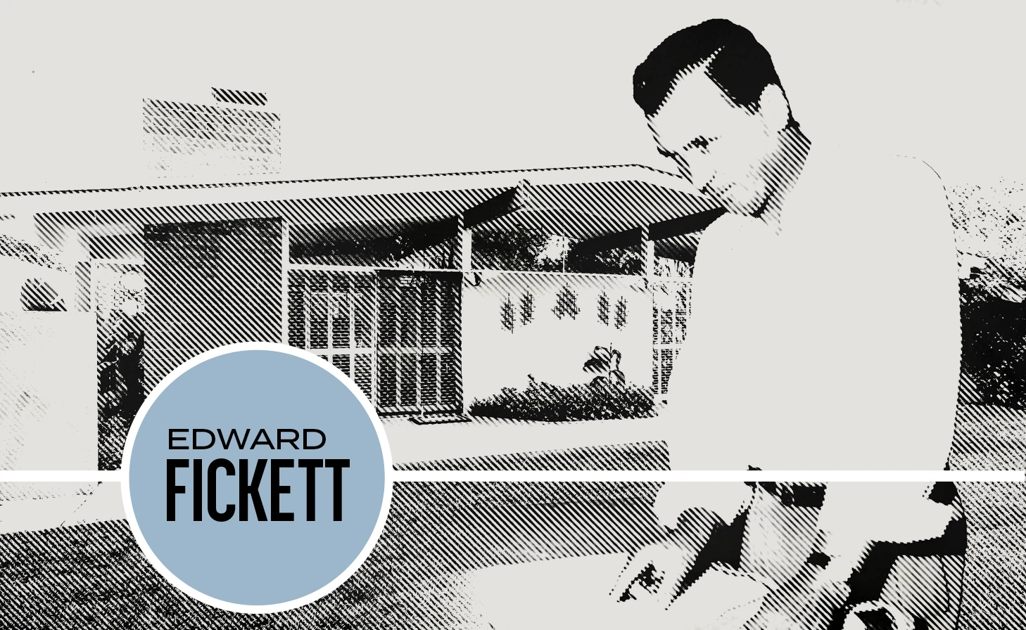 Architect Edward Fickett in front of a mid-century modern house