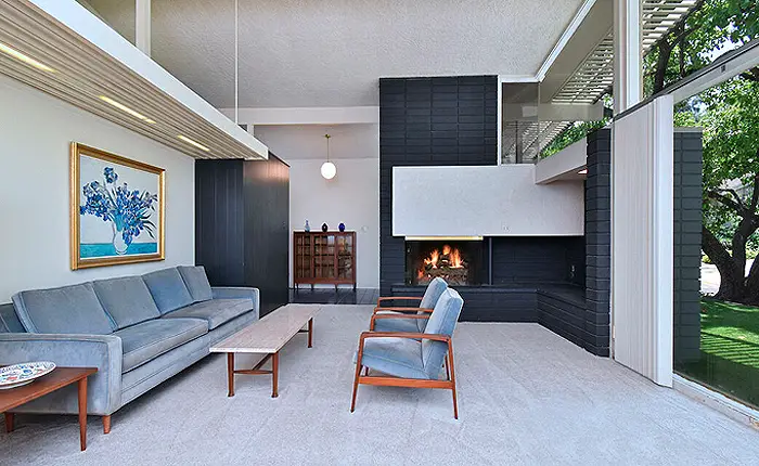 Classic living room with clerestory windows designed by mid-century Architect Edward Fickett 