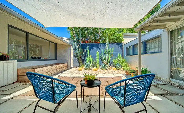 Courtyard of a mid-century modern home in the Park Planned Homes development in Altadena by architect Gregory Ain