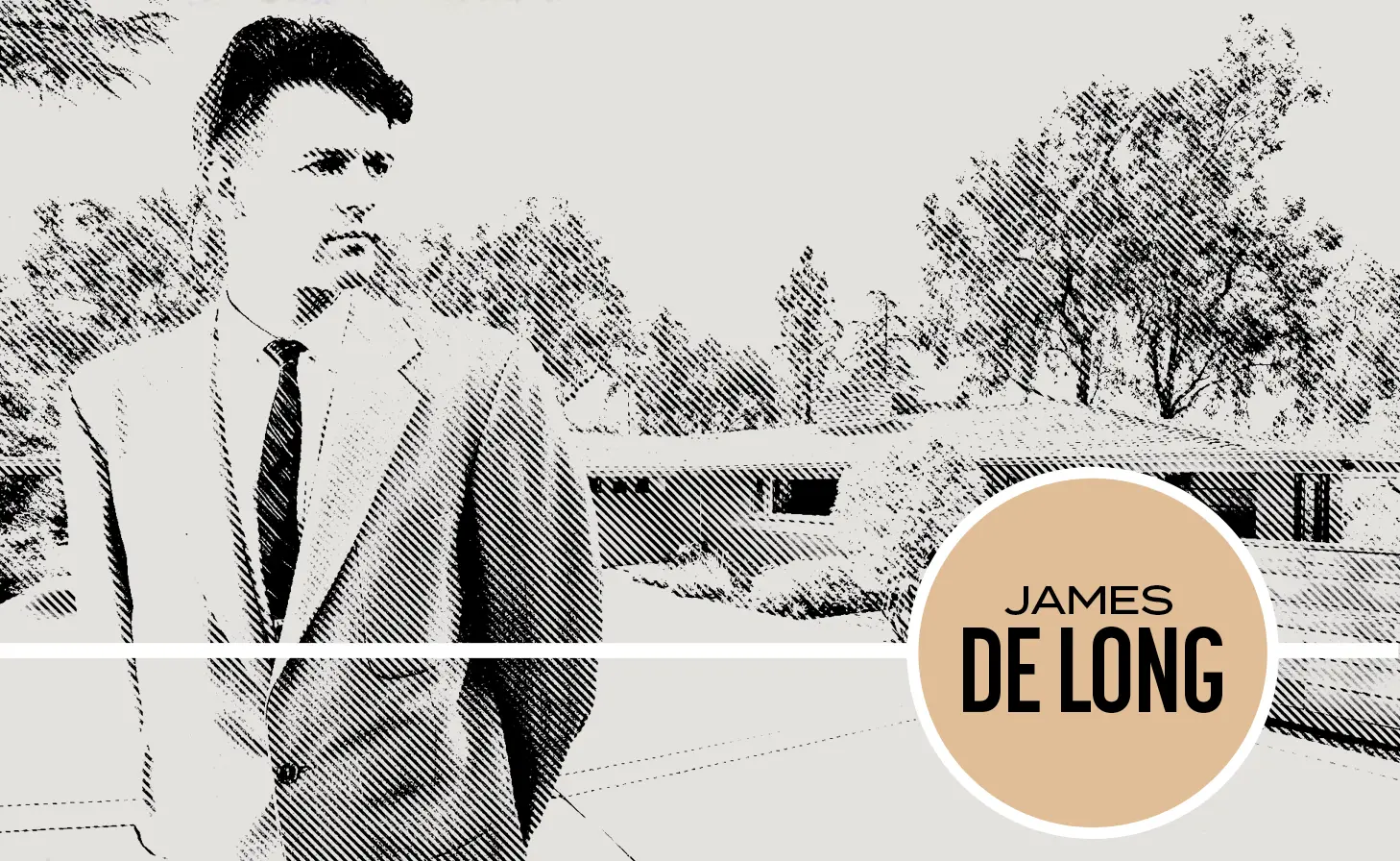 James De Long architect in front of a mid-century modern house, The Melzer Residence Redlands, CA