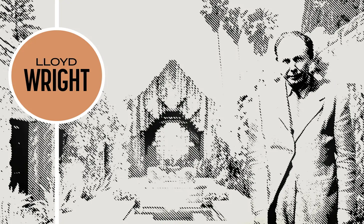 Architect Lloyd Wright standing in front of the Mayan influenced Sowden House in Los Feliz