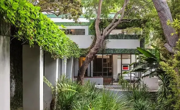 Garden and rear view of the Samuel Novarro house by architect Lloyd Wright in Los Feliz