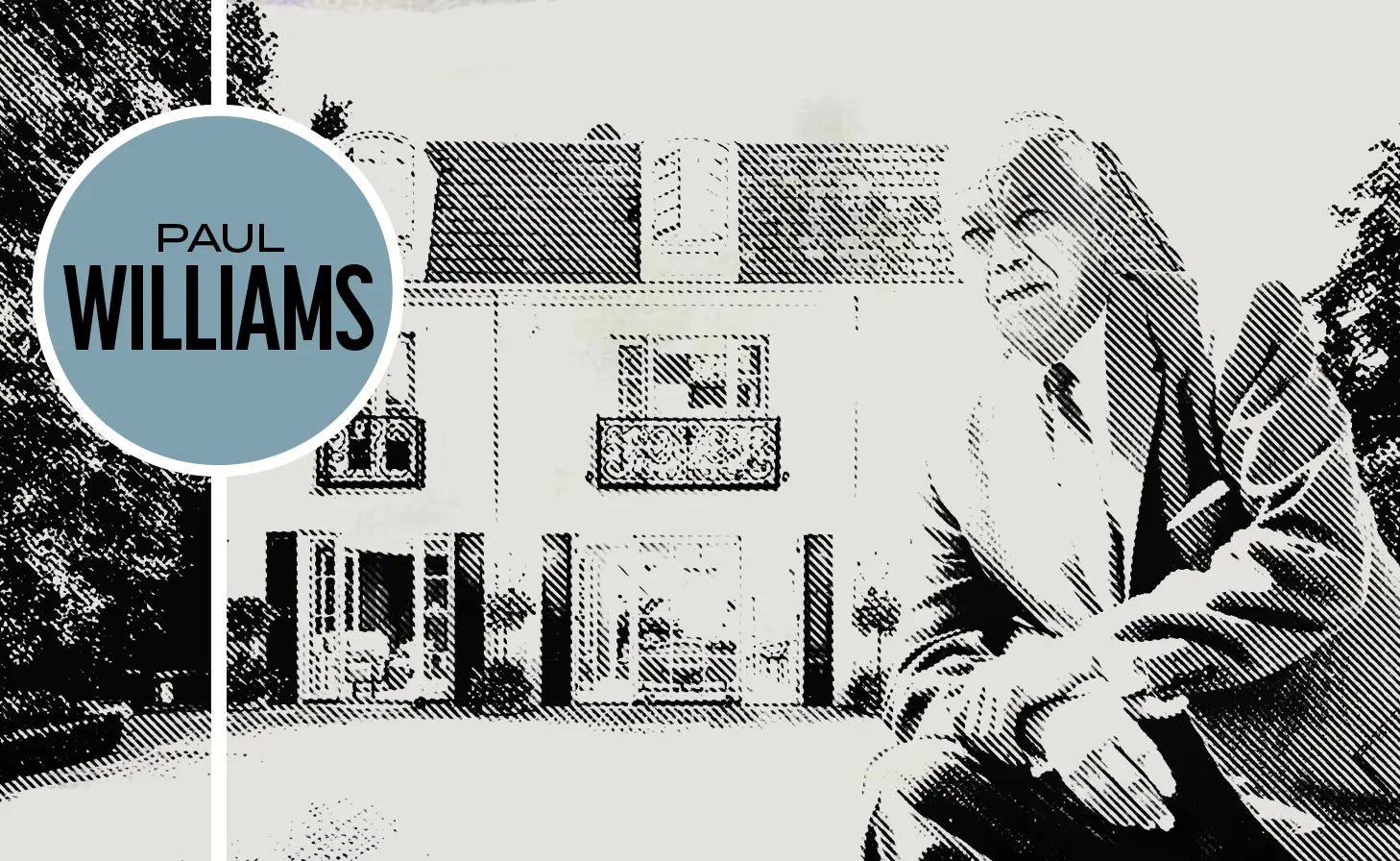 Paul Williams architect portrait in front of a classic Hollywood Regency style mansion