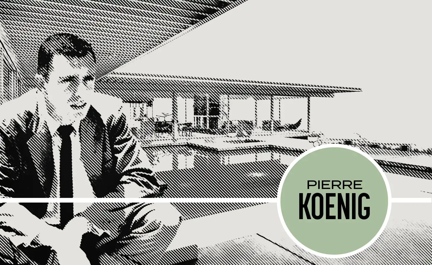 Pierre Koenig architect kneeling in front of The Stahl House, Case Study 22 in Los Angeles