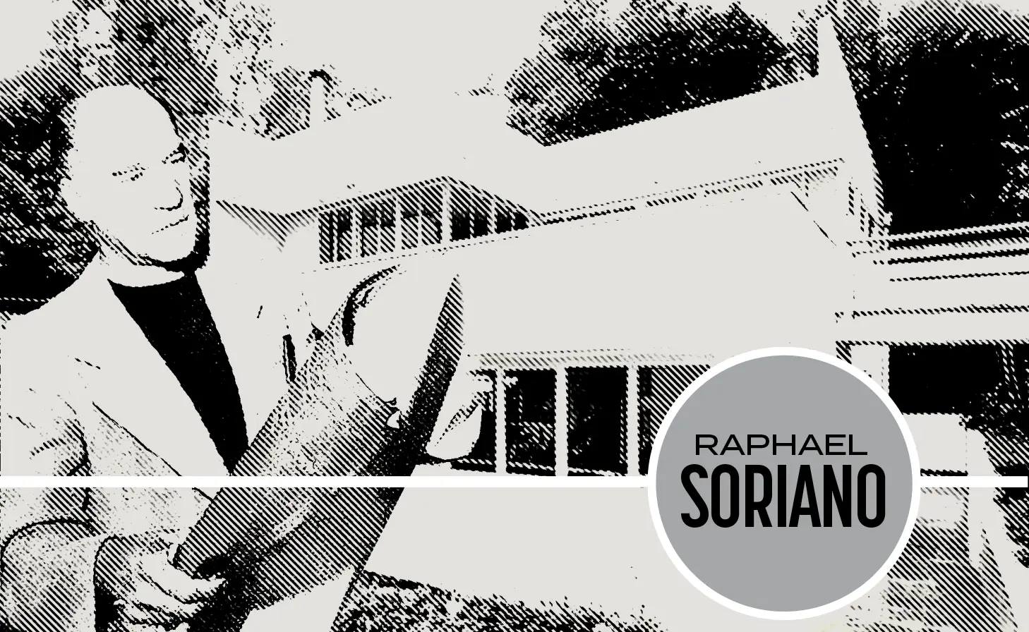 Raphael Soriano architect in front of modernist home in Los Angeles featuring steel frame and glass walls The Polito House