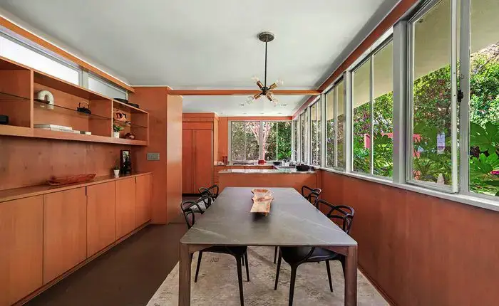 Interior of a Raphael Soriano steel-frame home in Los Angeles showing open plan living and indoor-outdoor connection