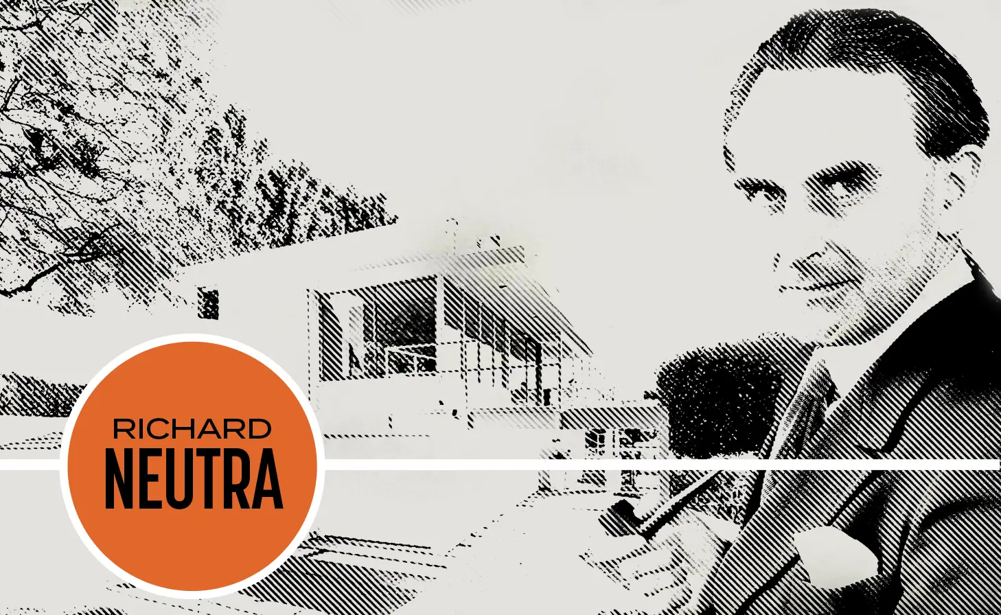 Richard Neutra in front of the Galka Scheyer House in the Hollywood Hills